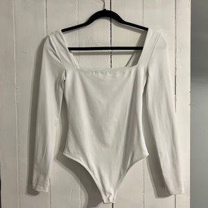 Babaton White Long Sleeve Square Neck Bodysuit